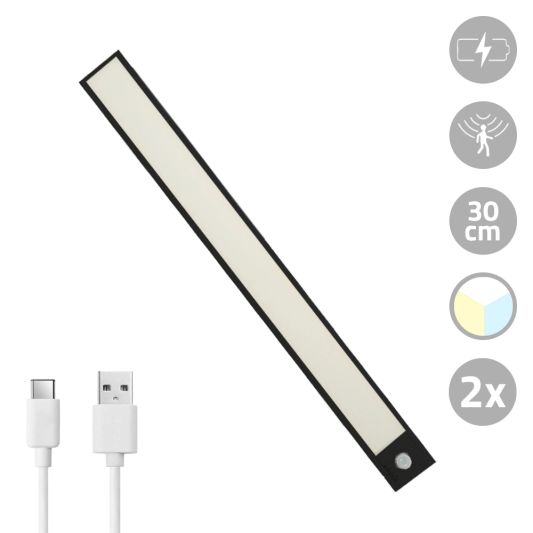 Kastverlichting met sensor - Dual White - 30cm - Oplaadbaar - Zwart - Voordeelset van 2 stuks