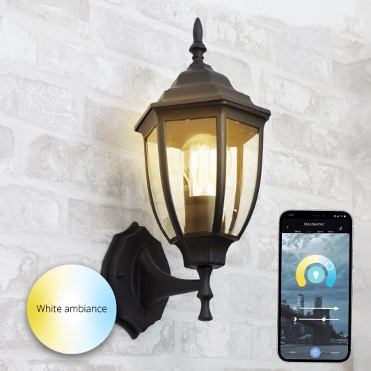 Klassieke zwarte wandlamp voor buiten met E27 Zigbee filament led lamp