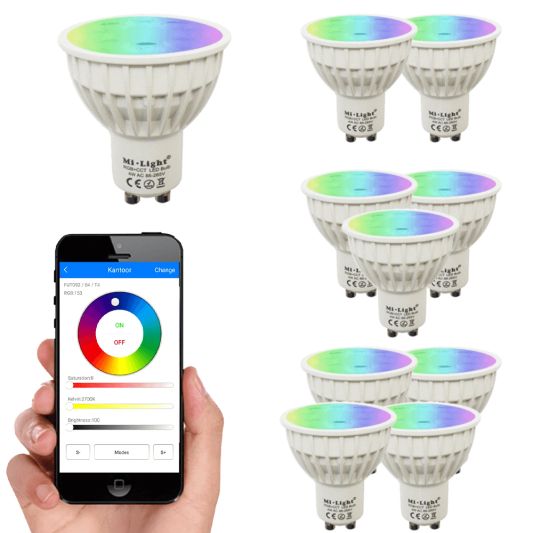 Wifi set met 1 tot 4 RGBW Led spots 4W GU10 fitting
