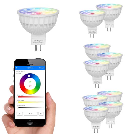 Wifi set met 1 tot 4 RGBWW Led spots 4 Watt MR16 fitting 12V